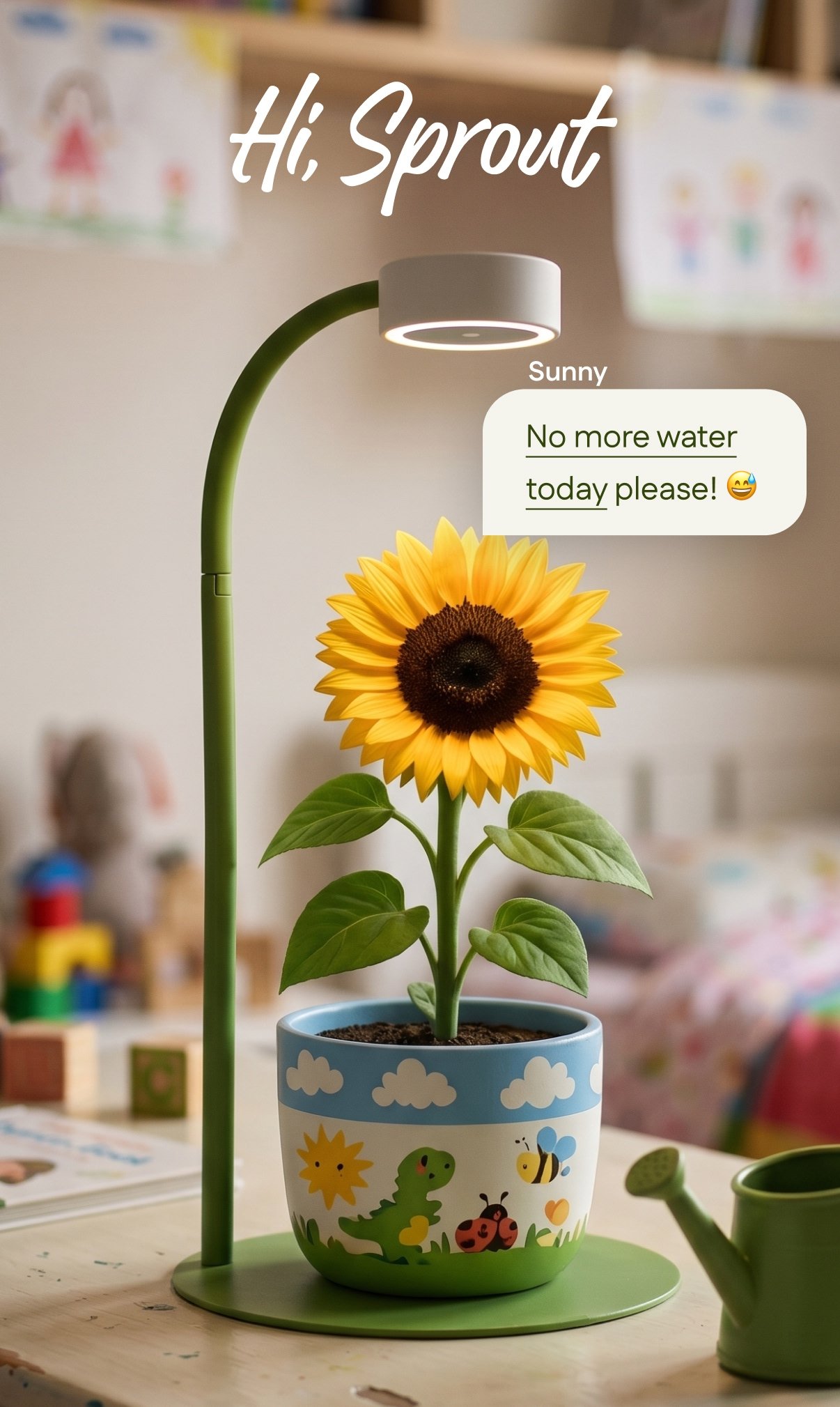 Hi Sprout grow lamp lighting a sunflower with a message bubble saying no more water today please