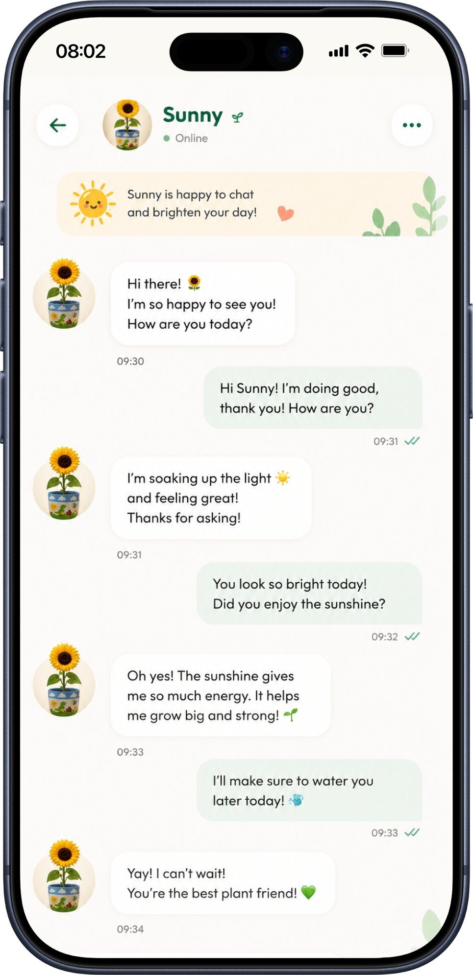 Hi Sprout app chat screen with Sunny