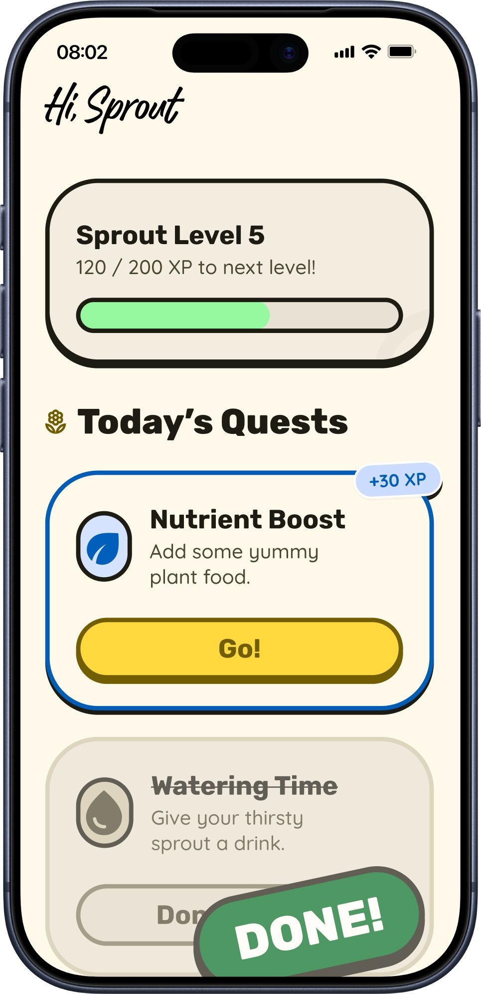 Hi Sprout app dashboard with sprout level and quests