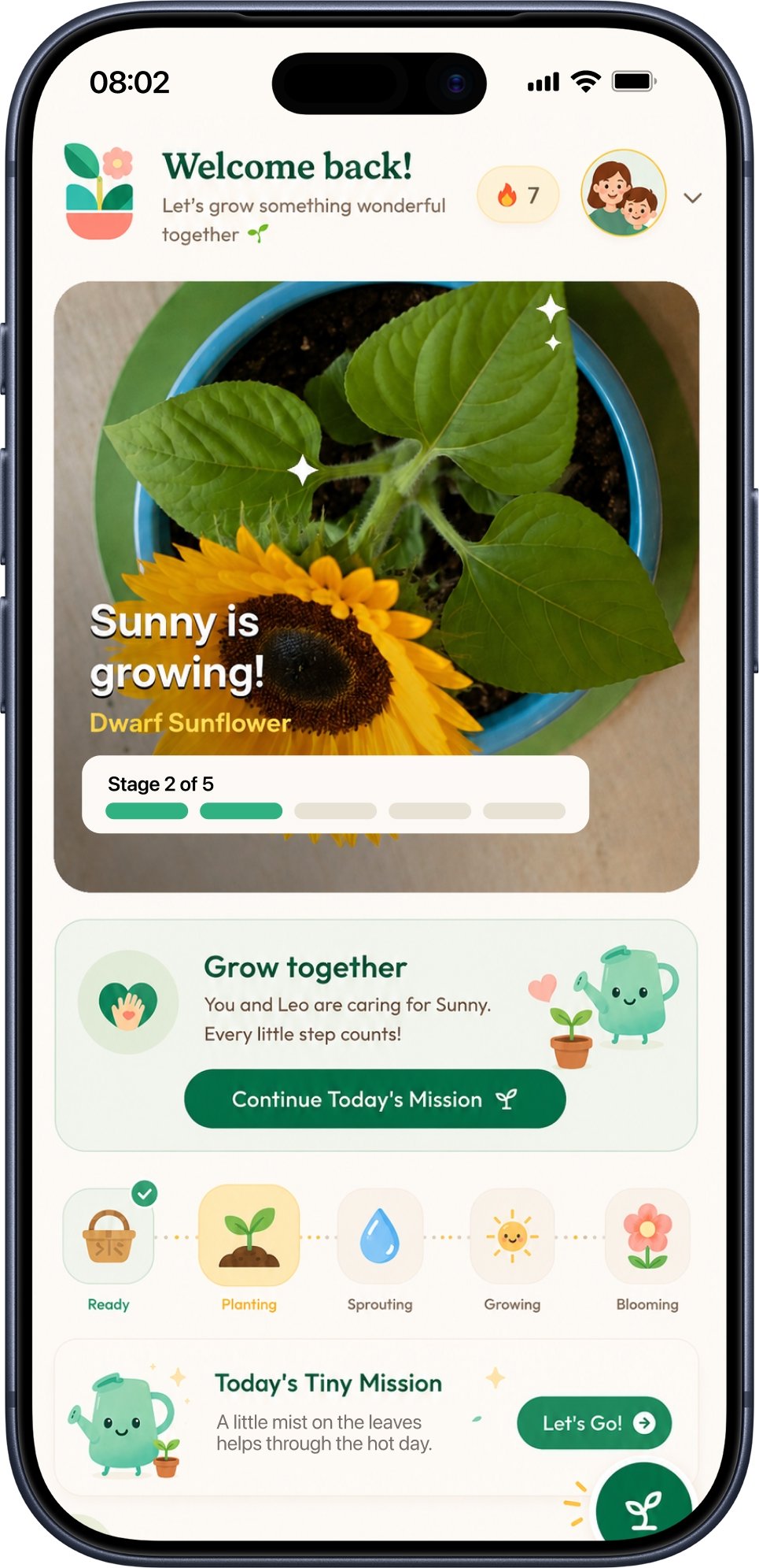 Hi Sprout app home screen showing Sunny growing