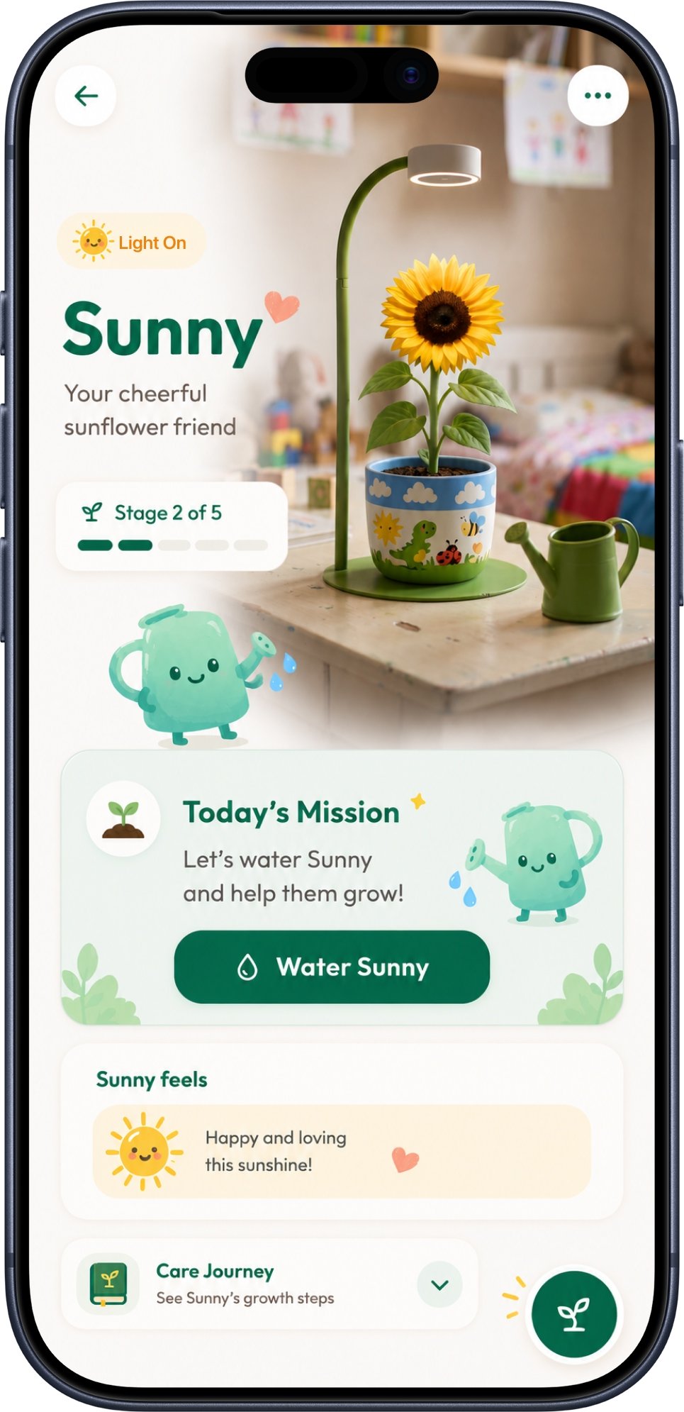 Hi Sprout app profile screen for Sunny the sunflower